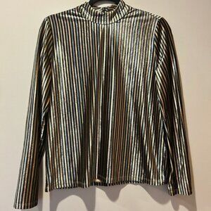 Zara Metallic Striped Mock Turtleneck Long Sleeve Velvet Top